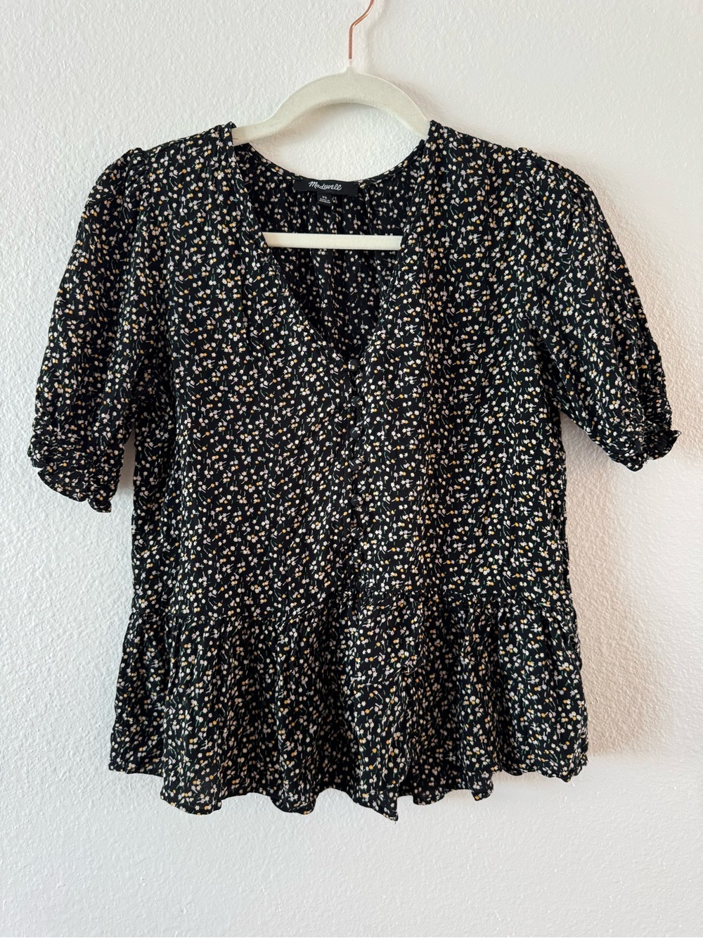 Madewell Black Floral V-Neck Peplum Blouse